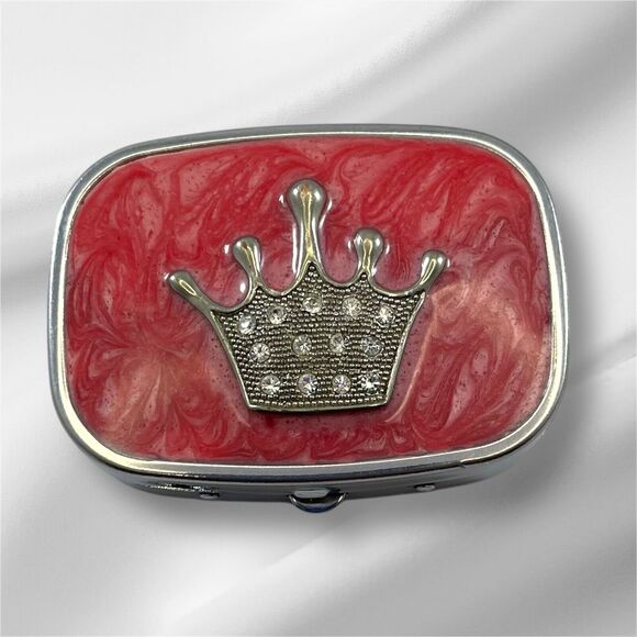 Jeweled Crown Pillbox, Compact With Mirror, Pink, Push Button Opening - Picture 8 of 8